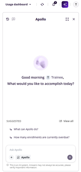 Apollo can be found at the top right corner of the home page, next to your profile.