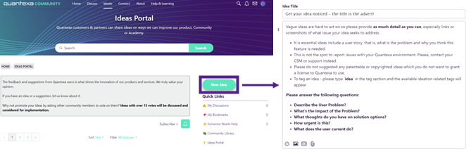 An image showing that you need to click the New Idea button and then fill out the template the populates the page