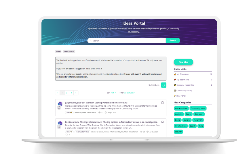 A laptop screen showing an image of the Quantexa Community Ideas portal
