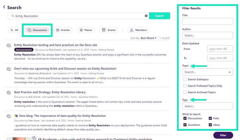 Search results for Entity Resolution on the Community highlighting discussions and filters you can add