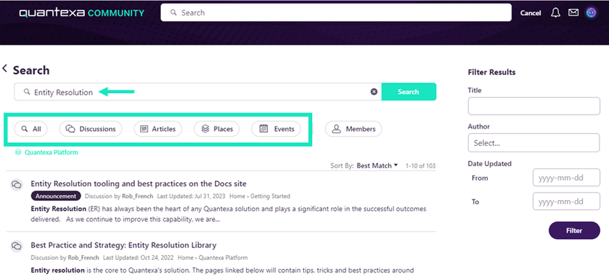 Search results for Entity Resolution on the Community highlighting the navigation bar.