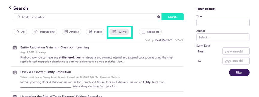Search results for Entity Resolution on the Community highlighting events