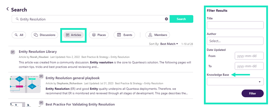 Search results for Entity Resolution on the Community highlighting articles and filters you can add